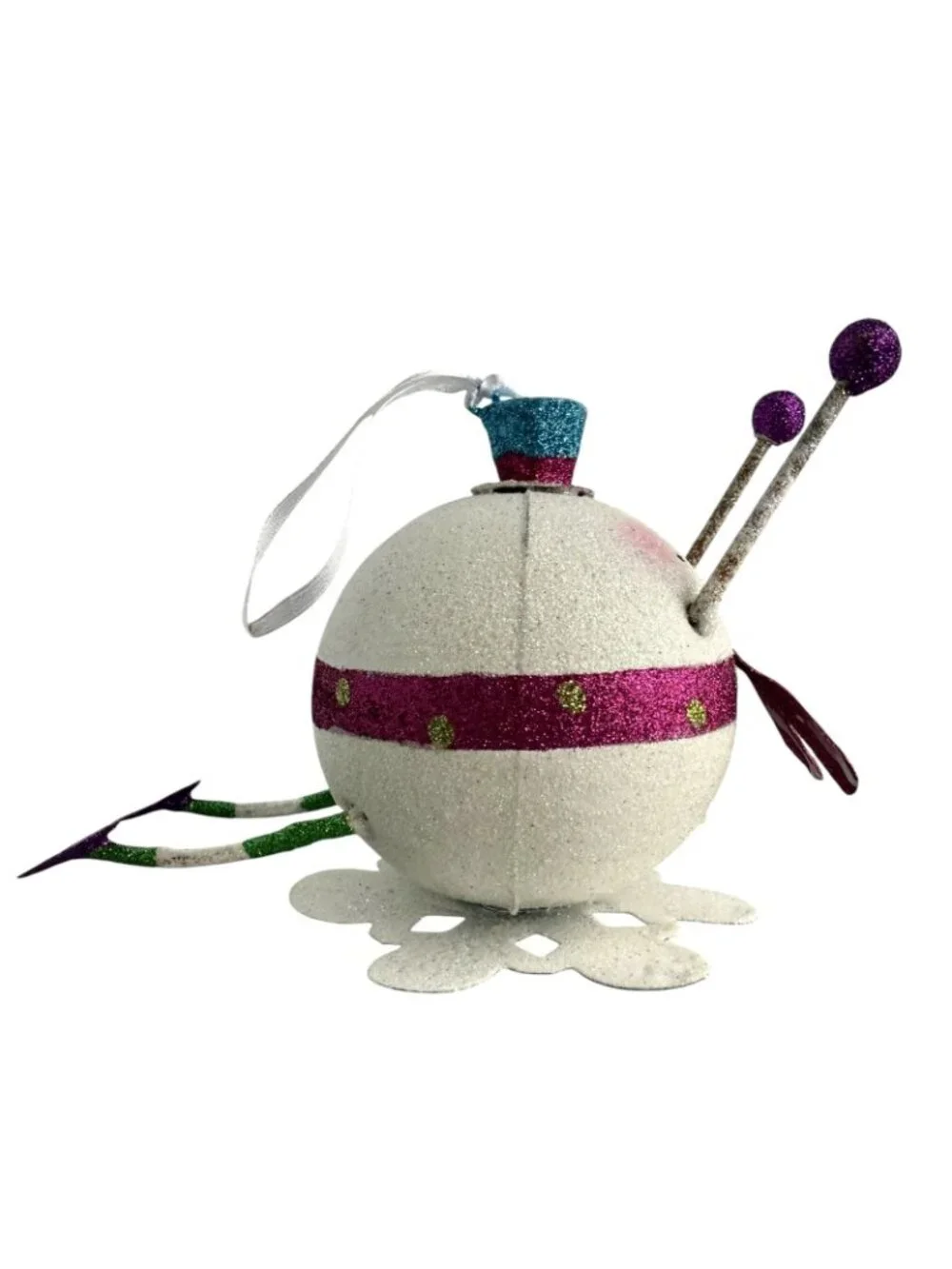 Pier 1 Snowball Snowman Ornament Top Hat Glitter Scarf Rolling Sliding